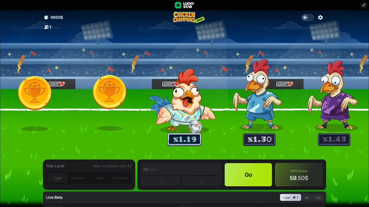 Chicken Champions parameters with 96% RTP, risk levels, bet range and max payout