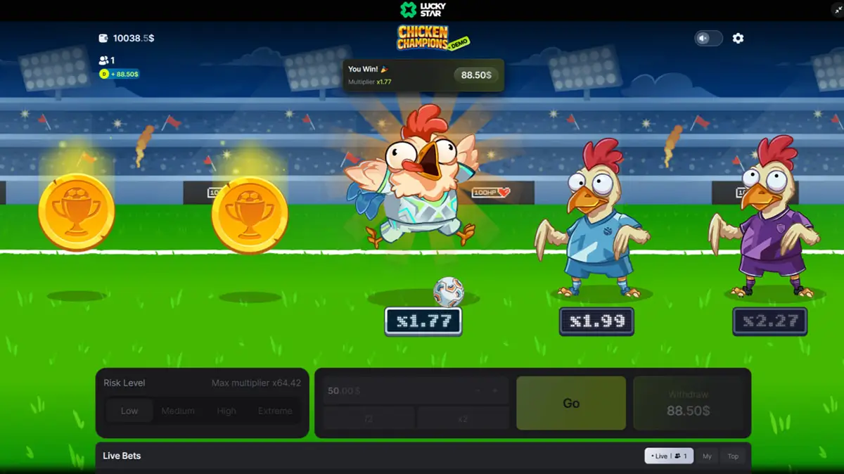 How to play Chicken Champions game with Play, Withdraw, multipliers and risk levels