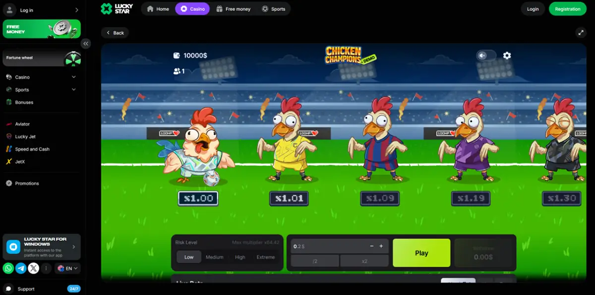 Where to play Chicken Champions casino game online with demo and real-money mode
