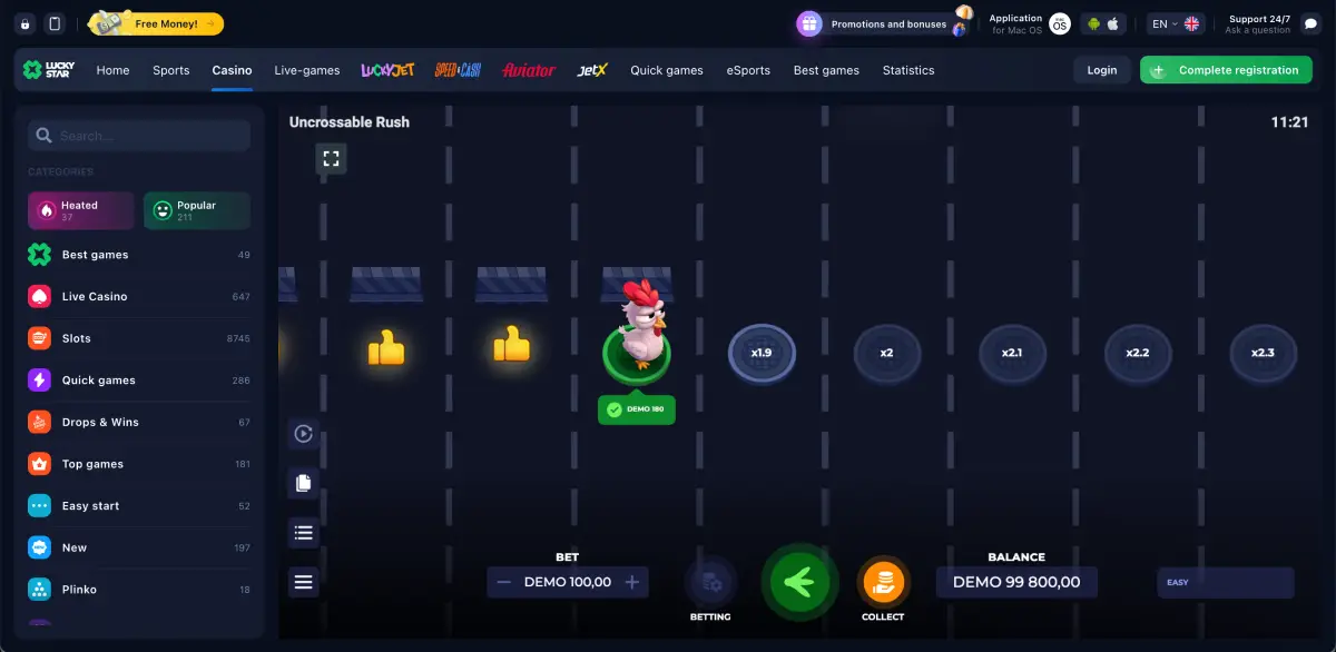 Chicken cross the road game Uncrossable Rush landing screen with cosmic platforms