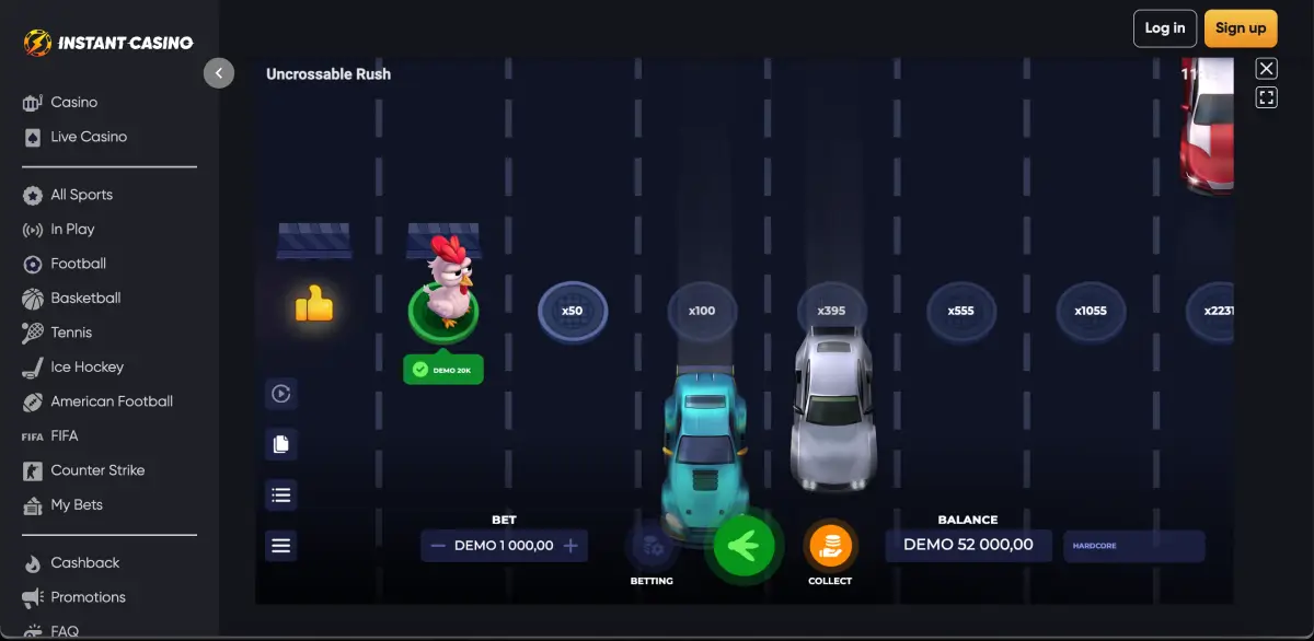 Chicken cross the road game Uncrossable Rush high multiplier in Instant Casino