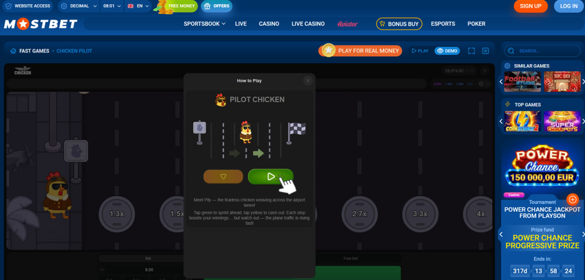 Pilot Chicken how to play screen showing betting panel and movement controls