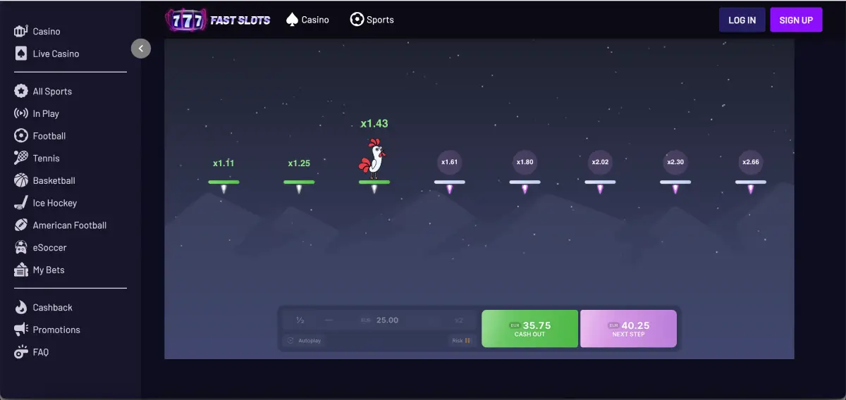 Rooster Run risk selection interface with low, medium, and high options